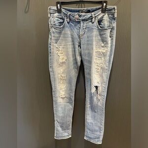 Silver distressed boyfriend denim jeans women super stretch 26 boho casual ankle